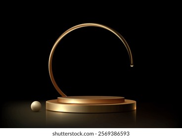 Elegant gold podium with a curved accent against a black background. Minimalist and modern design ideal for luxury product displays, jewelry showcases, and awards mockups.