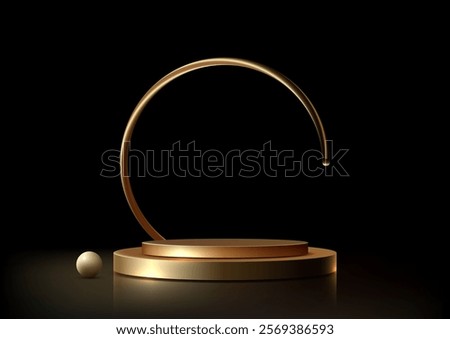 Elegant gold podium with a curved accent against a black background. Minimalist and modern design ideal for luxury product displays, jewelry showcases, and awards mockups.