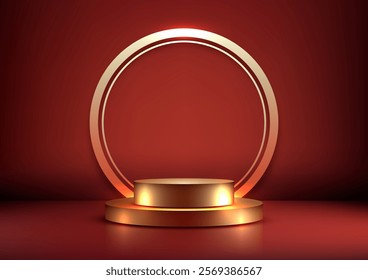 Elegant gold podium with glowing circle on deep red background, perfect for Chinese New Year, luxury showrooms, or dramatic product displays. A sophisticated stage for festive presentations