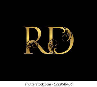 Elegant Gold RD Letter Floral logo. Vintage drawn emblem for book design, weeding card, brand name, business card, Restaurant, Boutique, Hotel. 