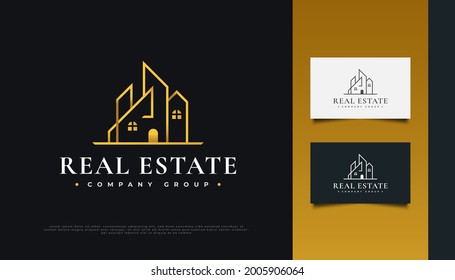 Elegant Gold Real Estate Logo Design with Line Style. Construction, Architecture or Building Logo Design