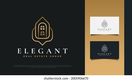 Elegant Gold Real Estate Logo Design with Line Style. Construction, Architecture or Building Logo Design