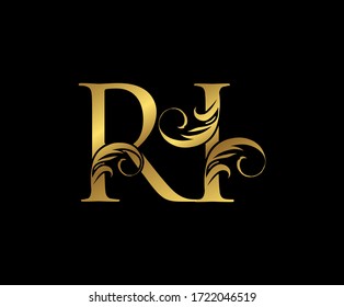 Elegant Gold RI Letter Floral logo. Vintage drawn emblem for book design, weeding card, brand name, business card, Restaurant, Boutique, Hotel. 