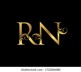 Elegant Gold RN Letter Floral logo. Vintage drawn emblem for book design, weeding card, brand name, business card, Restaurant, Boutique, Hotel. 
