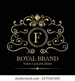 Elegant Gold Royal Brand Logo Design with Stylized Letter F on Black Background for Luxury Identity  
