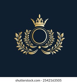 Elegante emblema real de oro con corona y corona de laurel sobre fondo oscuro perfecto para la marca de lujo y temas de diseño clásico