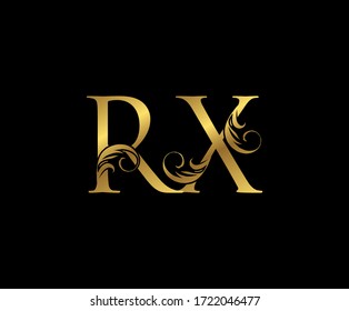 Elegant Gold RX Letter Floral logo. Vintage drawn emblem for book design, weeding card, brand name, business card, Restaurant, Boutique, Hotel. 