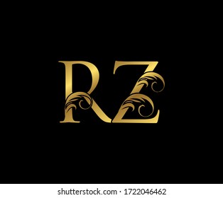 Elegant Gold RZ Letter Floral logo. Vintage drawn emblem for book design, weeding card, brand name, business card, Restaurant, Boutique, Hotel. 