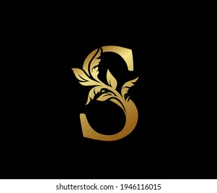 Elegant Gold S Letter Floral logo. Vintage classic ornate letter vector.