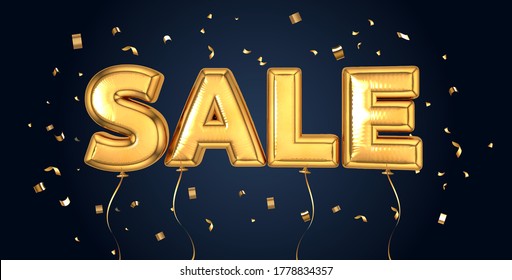 Elegant Gold sale celebration balloons background for store banner, advertising, shopping.  Sale text letters with sparkling golden confetti, selling, web banner.  Golden balloon special offer, price.