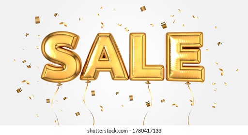 Elegant Gold sale celebration balloons background for store banner, advertising, shopping.  Sale text letters with sparkling golden confetti, selling, web banner.  Golden balloon special offer, price.