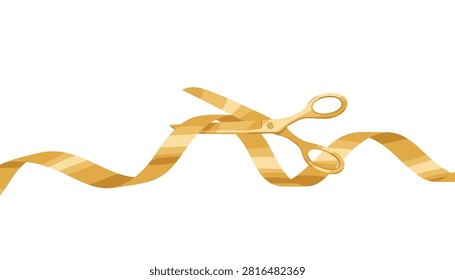 Elegant gold scissors bisecting a straight horizontal decorative golden ribbon against a neutral light backdrop.