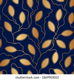 Elegant gold seamless pattern. Flowers leaf. Abstract background. Golden leaves texture. Modern design for invitation, prints, covers, cases, gift wrappers, curtains, textiles, wallpapers. Vector 