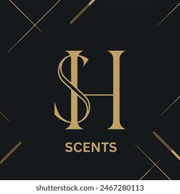 Elegant gold "SH" initials on a black background with diagonal accents. "SCENTS" below signifies a high-end fragrance brand. Ideal for sophisticated and upscale branding and marketing materials.