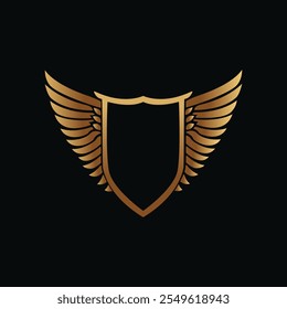 Elegante Gold Shield Emblem com asas intrincadas no fundo preto 