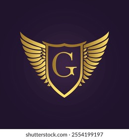 Elegant Gold Shield Emblem with Intricate Wings on Black Background 