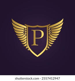 Elegant Gold Shield Emblem with Intricate Wings on Black Background 