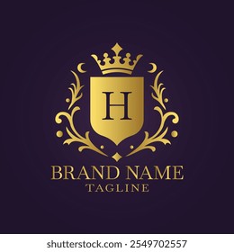 Elegant gold shield logo with crown letter H and ornate flourishes on deep purple background in luxury design