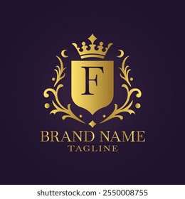 Elegant gold shield logo with crown letter F and floral patterns on dark purple background in regal design