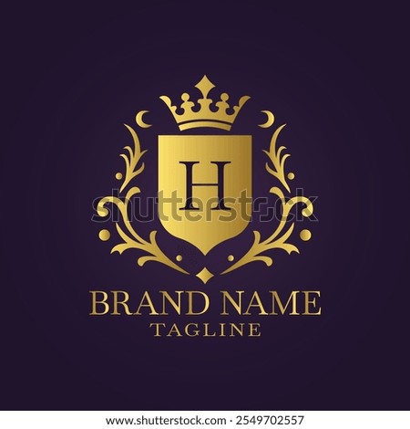 Elegant gold shield logo with crown letter H and ornate flourishes on deep purple background in luxury design