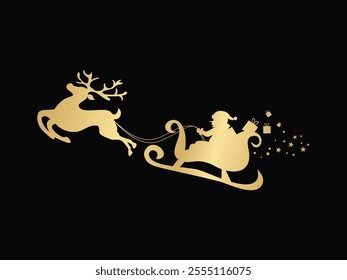 Elegant gold silhouette of Santa Claus riding a sleigh with reindeer. Sleek black background accentua