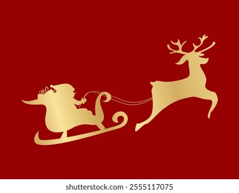 Elegant gold silhouette of Santa Claus riding a sleigh with reindeer. Sleek black background accentuates shiny gold details, creating a luxurious feel for a Christmas themed invitation.
