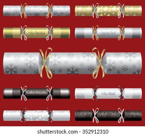 Elegant Gold, Silver And Black Christmas Cracker Set In Vector Format.