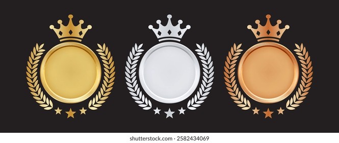 Elegant Gold, Silver, and Bronze Medals with Crowns and Laurel Wreaths for Winner, Award Trophy Nominee Luxury Symbol, Nomination Reward Emblem. Vector.