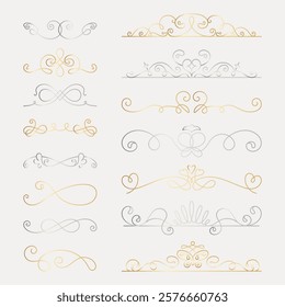 Elegant gold and silver decorative dividers, ornate swirls, and flourishes. Perfect for invitations, cards, and design embellishments. Decorative dividers and swirls. Hand drawn ornament vector set.