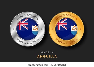 Elegant gold and silver labels featuring the flag of Anguilla. Premium vector icons for Caribbean product origin, manufacturing, and export quality from British Overseas Territory.