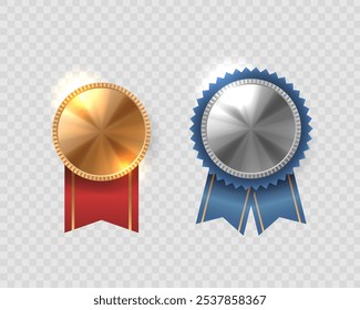 Elegant Gold And Silver Medals With Red And Blue Ribbons On Transparent Background Symbolizing Victory, Achievement