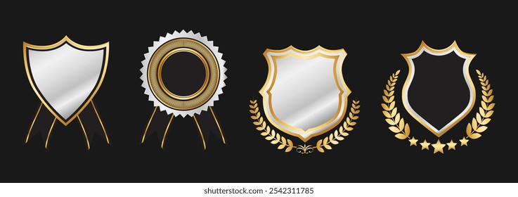 Elegante Gold e Silver Shield Emblem Vetor Set para Premium Branding e prêmios em EPS Formato com Coroas de Laurel