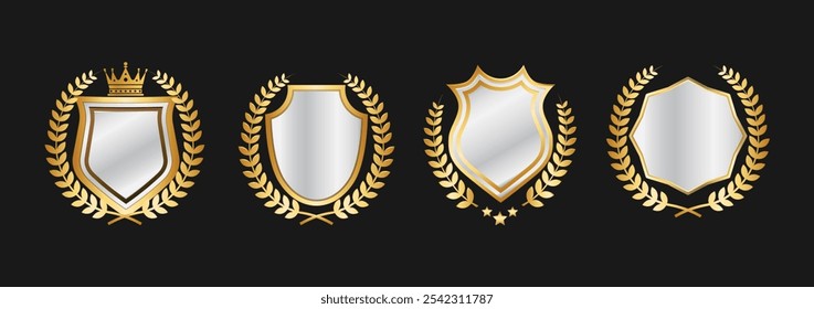 Elegante Gold e Silver Shield Emblem Vetor Set para Premium Branding e prêmios em EPS Formato com Coroas de Laurel