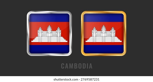 Elegant gold and silver square frames with the Cambodian flag featuring Angkor Wat. High-quality badges for 