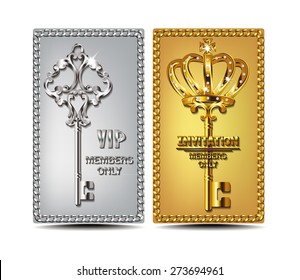 Elegant gold and silver VIP cards with chain frame and key