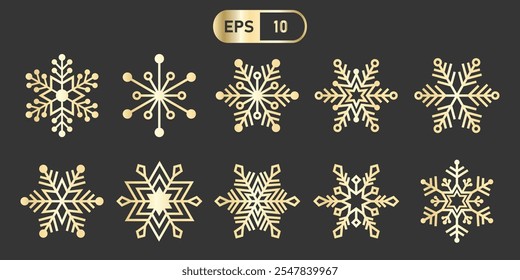 Elegant gold snowflake icons on dark background, showcasing intricate designs in vector format. Perfect for winter themed projects and holiday decorations.