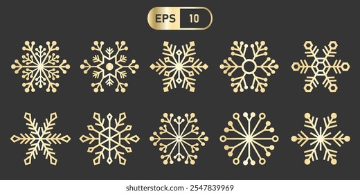 Elegant gold snowflake icons on dark background, showcasing intricate designs. Perfect for winter themed projects and festive decorations, these vector illustrations offer touch of.