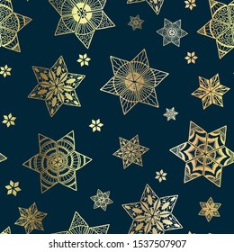 Elegant gold snowflakes seamless pattern, hand drawn and detailed, great for wrapping, textiles, banners, wallpapers - vector surface design