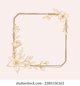 Elegant gold square floral border with hand drawn leaves and flowers for wedding invitation, thank you card, logo, greeting card