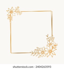 Elegant gold square floral frame with hand drawn leaves and flowers for wedding invitation