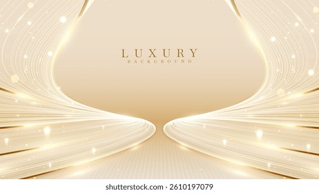 Elegant gold stage backdrop design decorated with glow and bokeh effect, background idea for awards ceremony and luxury style product promotion or marketing.