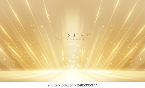 Elegant Gold Stage Scene with Glitter Light Effects, Decorations, and Bokeh. Luxury Background Design Concept. Vector Illustration.