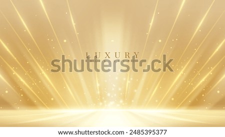 Elegant Gold Stage Scene with Glitter Light Effects, Decorations, and Bokeh. Luxury Background Design Concept. Vector Illustration.