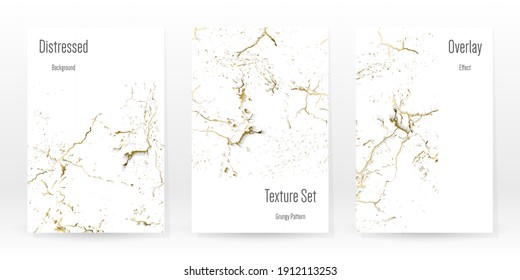 Elegant Gold Texture Set. Marble Business Card. Distress Grunge Stone. Gold White Cracked Wall Texture. Golden luxury Broken Style. Marbling Background. Glitch Noise Rough Design. Vector Illustration.