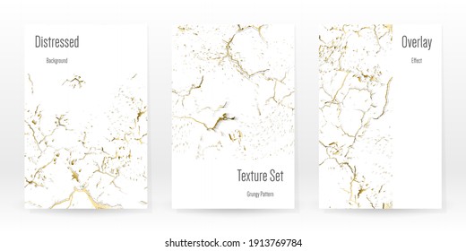 Elegant Gold Texture Set. Marble Business Card. Distress Grunge Stone. Gold White Cracked Wall Texture. Golden luxury Broken Style. Marbling Background. Glitch Noise Rough Design. Vector Illustration.