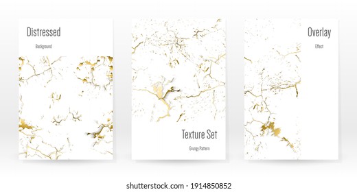 Elegant Gold Texture Set. Marble Business Card. Distress Grunge Stone. Gold White Cracked Wall Texture. Golden luxury Broken Style. Marbling Background. Glitch Noise Rough Design. Vector Illustration.