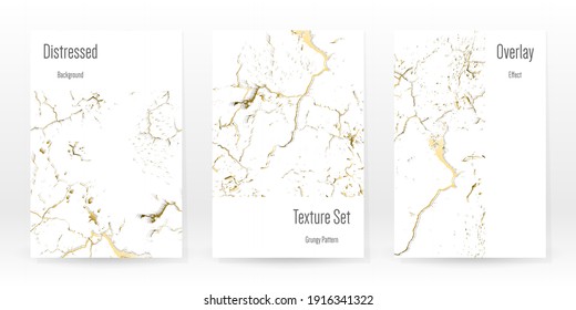 Elegant Gold Texture Set. Marble Business Card. Distress Grunge Stone. Gold White Cracked Wall Texture. Golden luxury Broken Style. Marbling Background. Glitch Noise Rough Design. Vector Illustration.