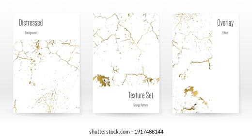 Elegant Gold Texture Set. Marble Business Card. Distress Grunge Stone. Gold White Cracked Wall Texture. Golden luxury Broken Style. Marbling Background. Glitch Noise Rough Design. Vector Illustration.