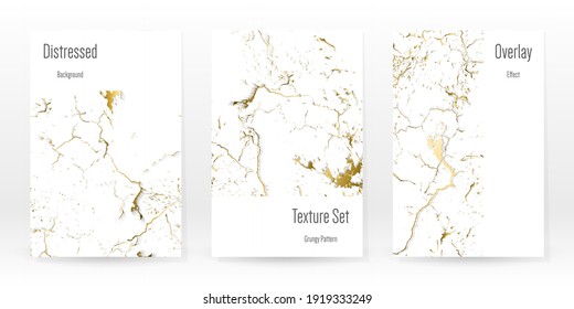 Elegant Gold Texture Set. Marble Business Card. Distress Grunge Stone. Gold White Cracked Wall Texture. Golden luxury Broken Style. Marbling Background. Glitch Noise Rough Design. Vector Illustration.