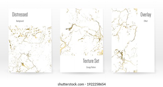 Elegant Gold Texture Set. Marble Business Card. Distress Grunge Stone. Gold White Cracked Wall Texture. Golden luxury Broken Style. Marbling Background. Glitch Noise Rough Design. Vector Illustration.